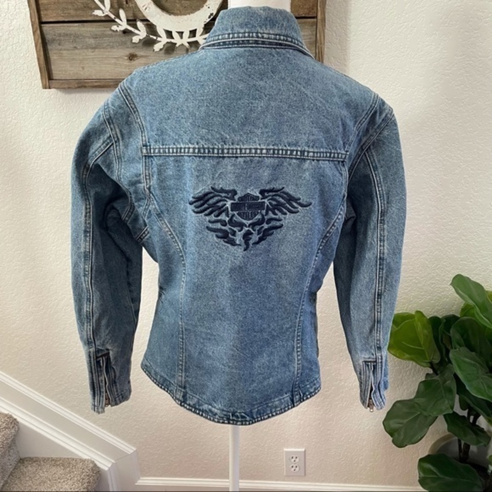 VTG 90’s Harley Davidson Biker Blue ladies denim jean jacket embroidered‎ size L - Picture 5 of 15